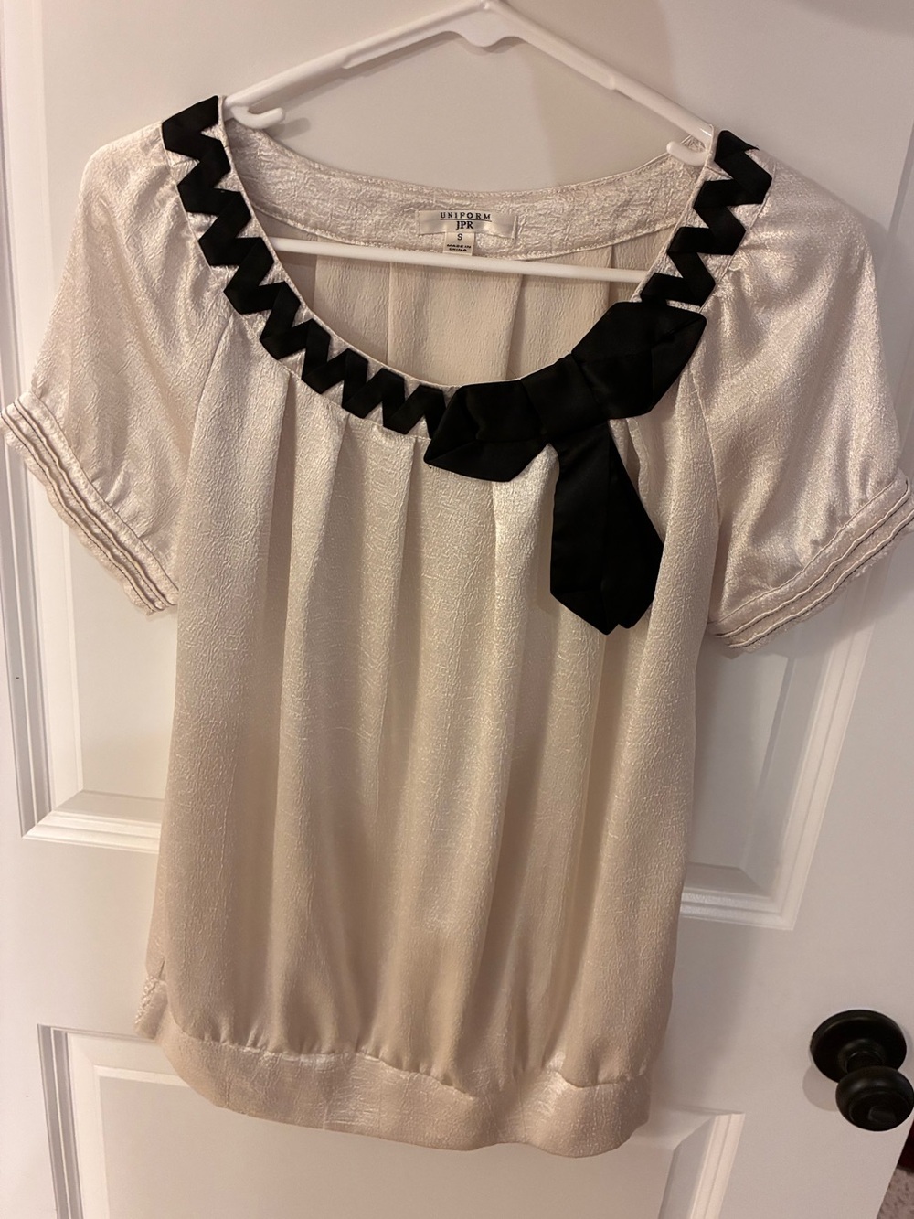 Cream Short-Sleeve Blouse with Black Bow Collar
